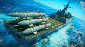 Illustration de la défense navale américaine renforcée par le JAGM et le JAGM Quad Launcher. Image réalisée par IA.