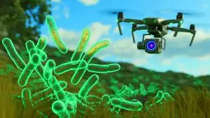 Illustration de bactéries lumineuses émettant des signaux chimiques captés par des drones (création par IA, non réaliste). Crédit : Ideogram