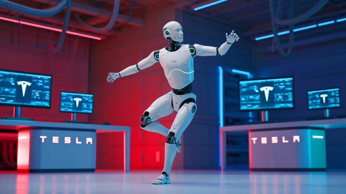 Illustration de la démonstration du robot humanoïde Optimus de Tesla en train de danser. Image réalisée par IA.