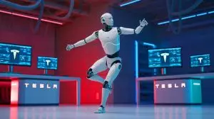 Illustration de la démonstration du robot humanoïde Optimus de Tesla en train de danser. Image réalisée par IA.