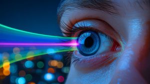 Illustration de lentilles de contact permettant de voir la lumière infrarouge. Image réalisée par IA.