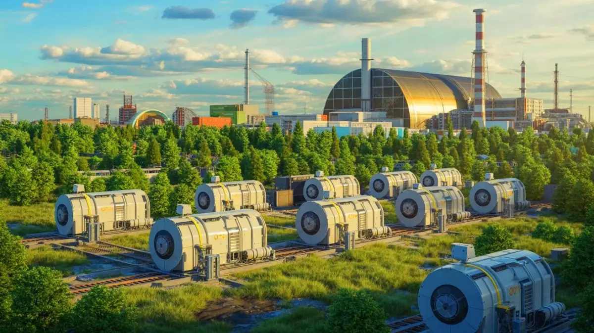 Illustration de l'installation de réacteurs nucléaires modulaires dans la zone d'exclusion de Tchernobyl. Image réalisée par IA.