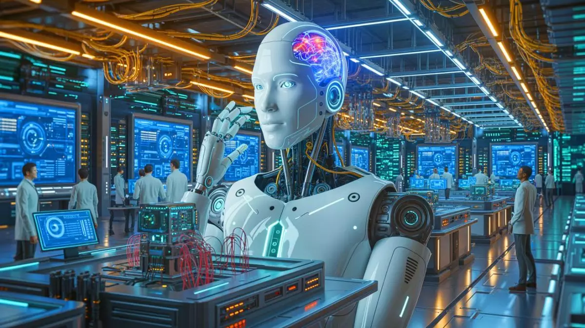 Illustration de la singularité technologique où l'intelligence artificielle surpasse l'intelligence humaine. Image réalisée par IA.