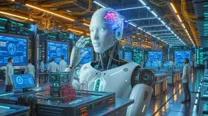 Illustration de la singularité technologique où l'intelligence artificielle surpasse l'intelligence humaine. Image réalisée par IA.