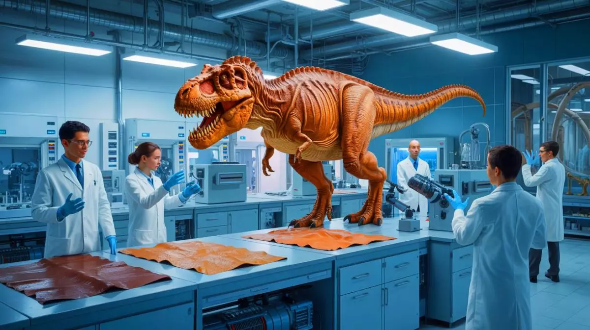 Illustration de cuir de Tyrannosaurus rex inspiré du collagène fossilisé (création par IA, illustration non réaliste). Crédit : Ideogram.