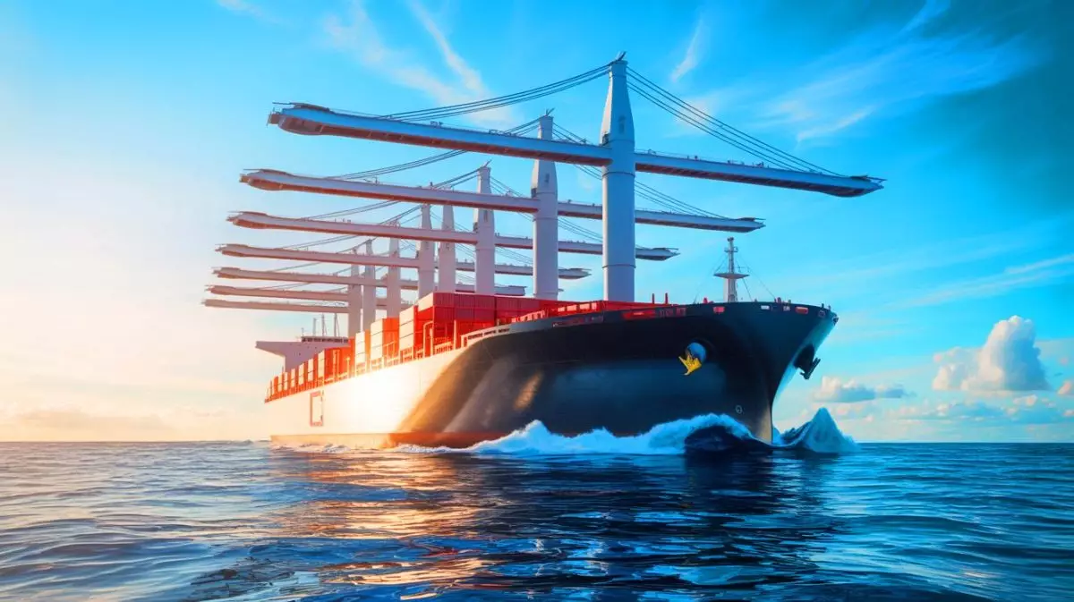 Illustration de voiles à rotor sur le navire Sohar Max, un pionnier de la propulsion éolienne en mer (création par IA, non réaliste). Crédit : Ideogram