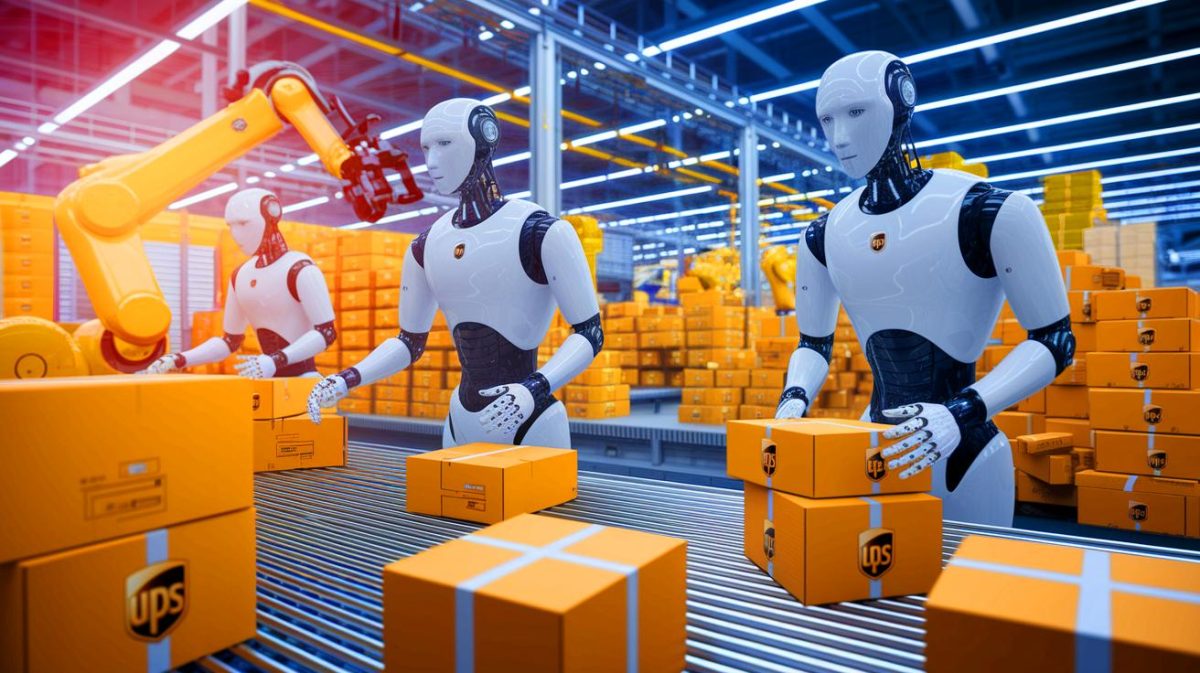 Illustration de robots humanoïdes de Figure AI intégrés dans les opérations logistiques de UPS (création par IA, illustration non réaliste). Crédit : Ideogram.