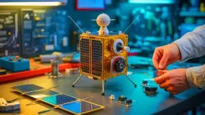 Illustration de l'E-Cube, un nanosatellite en kit à assembler soi-même. Image réalisée par IA.