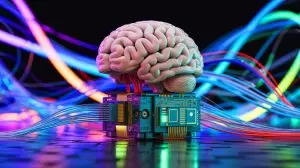 Illustration de dispositifs neuromorphiques imitant le traitement visuel du cerveau humain. Image réalisée par IA.