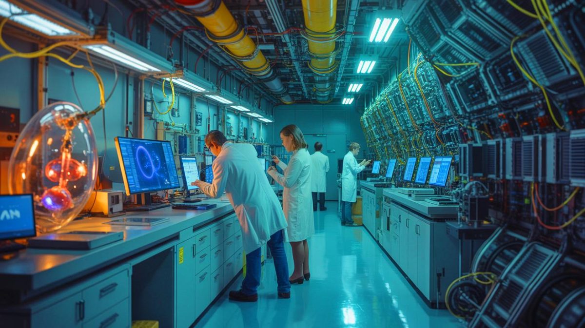 Illustration de la rupture de symétrie des quarks à basse énergie. Image réalisée par IA.