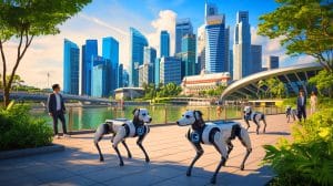 Illustration de chiens robots en patrouille dans un parc de Singapour. Image réalisée par IA.