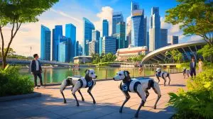 Illustration de chiens robots en patrouille dans un parc de Singapour. Image réalisée par IA.