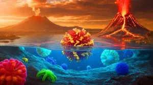 Illustration de LUCA, le dernier ancêtre commun universel, et sa place dans l'évolution de la vie sur Terre. Image réalisée par IA.