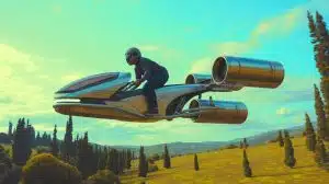 Illustration de l'Airbike futuriste inspiré de Star Wars en vol (création par IA, non réaliste). Crédit : Ideogram