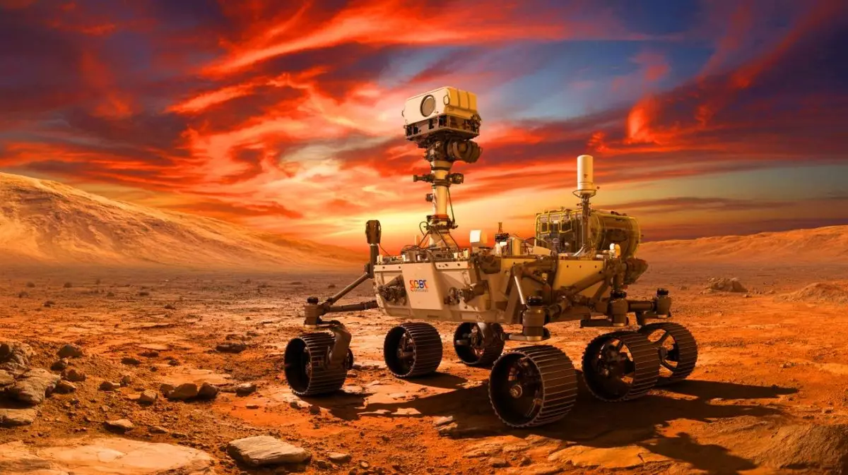 Illustration de la mission du rover Rosalind Franklin sur Mars. Image réalisée par IA.