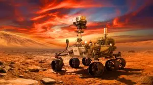 Illustration de la mission du rover Rosalind Franklin sur Mars. Image réalisée par IA.