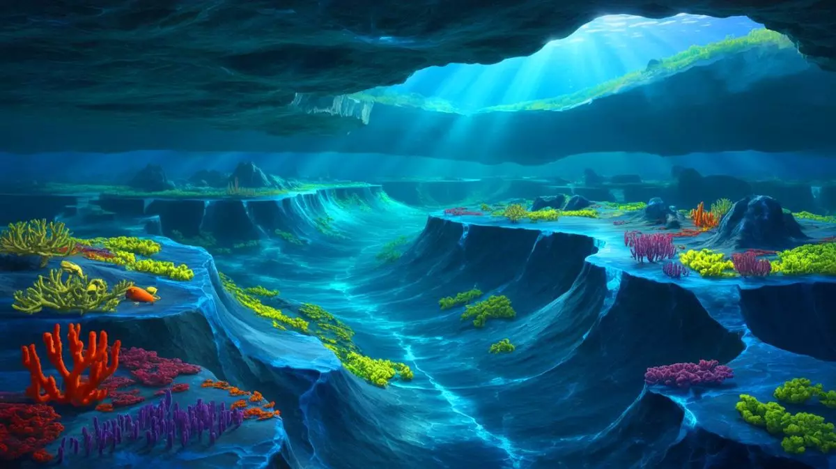 Illustration de l'impact du ralentissement de l'expansion des fonds marins sur le niveau de la mer et le climat mondial. Image réalisée par IA.