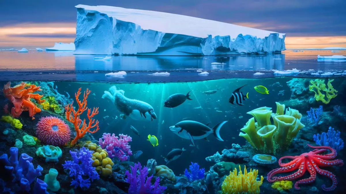 Illustration de la découverte d'un écosystème marin sous un iceberg en Antarctique (création par IA, non réaliste). Crédit : Ideogram