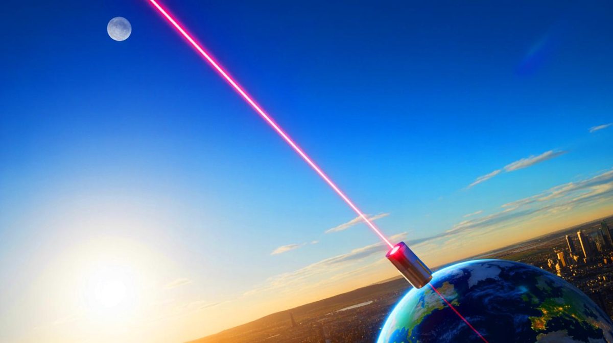 Illustration de la Chine réalisant une mesure de distance Terre-Lune par laser en plein jour (création par IA, illustration non réaliste). Crédit : Ideogram.