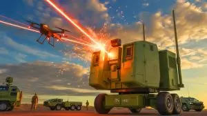 Illustration de l'arme laser à haute énergie développée par HII pour la défense militaire. Image réalisée par IA.