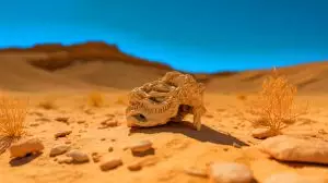 Illustration de la découverte d'un fossile minuscule dans le désert de Gobi (création par IA, non réaliste). Crédit : Ideogram