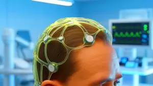 Illustration de l'électrode miniature en hydrogel pour la surveillance cérébrale. Image réalisée par IA.