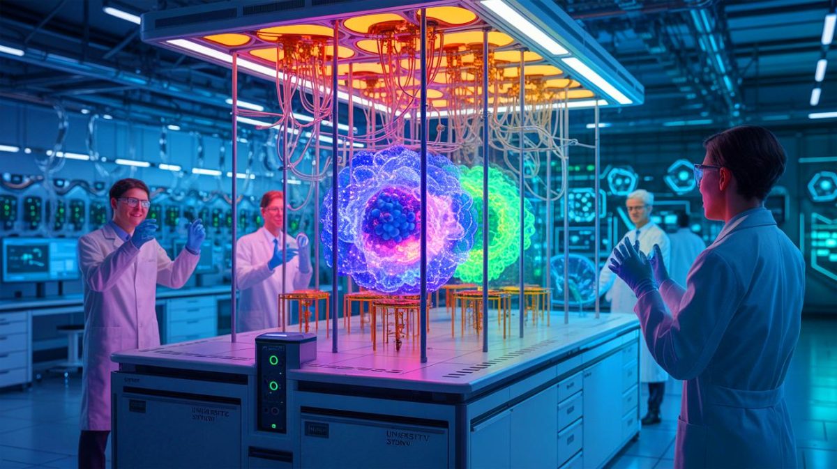 Illustration de la simulation des dynamiques chimiques par un ordinateur quantique à l'Université de Sydney. Image réalisée par IA.