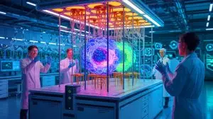 Illustration de la simulation des dynamiques chimiques par un ordinateur quantique à l'Université de Sydney. Image réalisée par IA.
