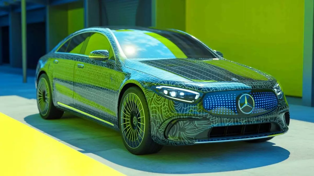 Illustration de la peinture solaire innovante sur une voiture électrique de Mercedes-Benz (création par IA, non réaliste). Crédit : Ideogram
