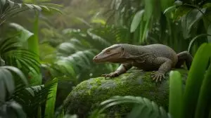 Illustration de lézard-moniteur sans oreilles dans son habitat naturel de Bornéo (création par IA, non réaliste). Crédit : Ideogram