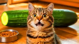 Illustration de la réaction d'un chat face à un concombre. Image réalisée par IA.