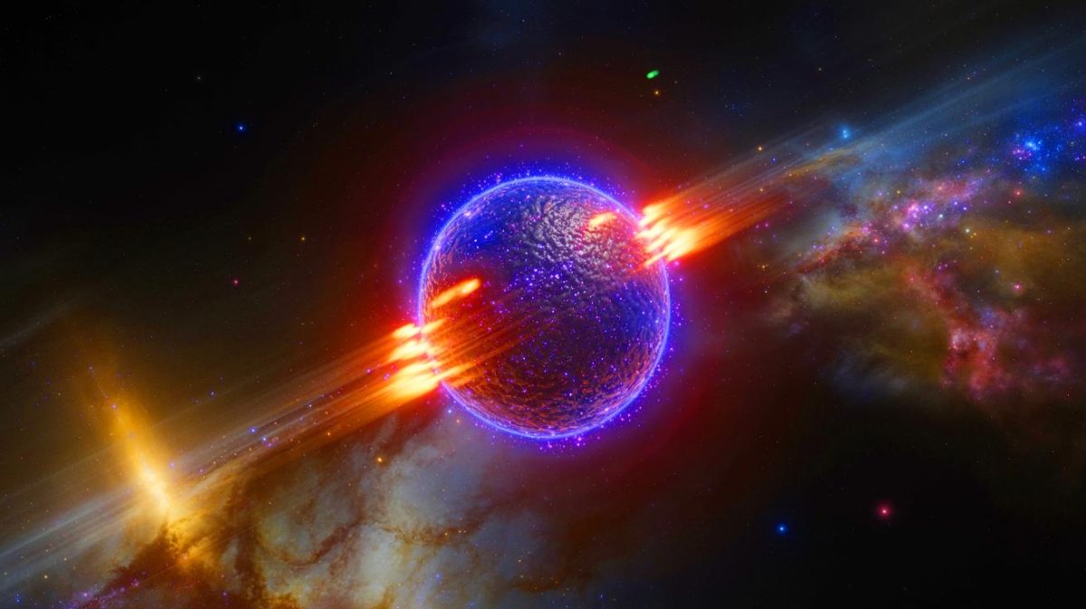 Illustration de l'évaporation d'une étoile à neutrons selon la théorie de Stephen Hawking. Image réalisée par IA.