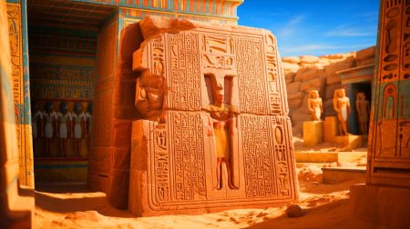 Illustration de la découverte d'une fausse porte monumentale dans la tombe du prince Waser-If-Rê en Égypte (création par IA, non réaliste). Crédit : Ideogram