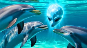 Illustration de la communication possible entre dauphins et intelligences extraterrestres. Image réalisée par IA.