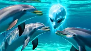 Illustration de la communication possible entre dauphins et intelligences extraterrestres. Image réalisée par IA.