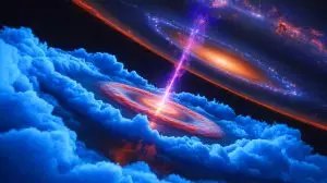 Illustration de l'immense réservoir d'eau entourant un quasar à 12 milliards d'années-lumière (création par IA, non réaliste). Crédit : Ideogram