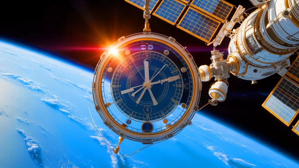 Illustration de l'horloge atomique PHARAO en orbite autour de la Terre depuis la Station spatiale internationale. Image réalisée par IA.