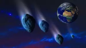 Illustration de comètes sombres voyageant dans l'espace, potentiellement responsables de l'origine de l'eau sur Terre. Image réalisée par IA.