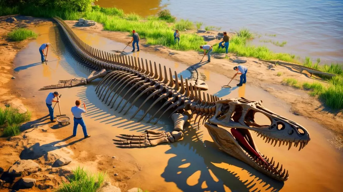 Illustration de la découverte d'un mosasaure géant en Mississippi. Image réalisée par IA.