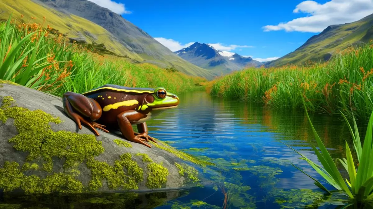Illustration de la redécouverte de la grenouille Alsodes vittatus dans les Andes chiliennes (création par IA, non réaliste). Crédit : Ideogram