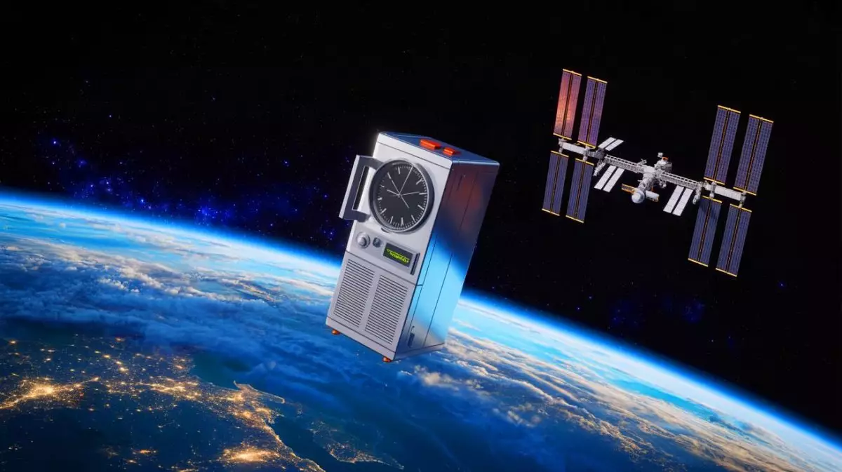 Illustration de l'horloge atomique française PHARAO en orbite autour de la Terre (création par IA, non réaliste). Crédit : Ideogram
