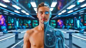 Illustration de l'immortalité humaine atteinte grâce à l'intégration homme-machine d'ici 2030 (création par IA, non réaliste). Crédit : Ideogram