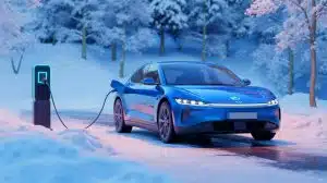Illustration de la nouvelle technologie de batterie pour voitures électriques en hiver (création par IA, non réaliste). Crédit : Ideogram