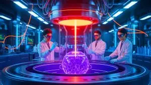 Illustration de la création de carbone liquide par laser pour la recherche sur la fusion nucléaire. Image réalisée par IA.