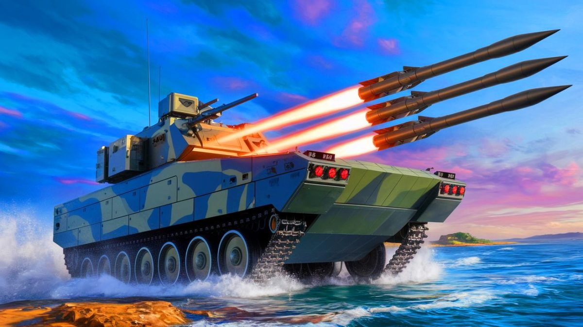 Illustration de la nouvelle plateforme amphibie de missiles antichar chinois testée par l'armée (création par IA, illustration non réaliste). Crédit : Ideogram.
