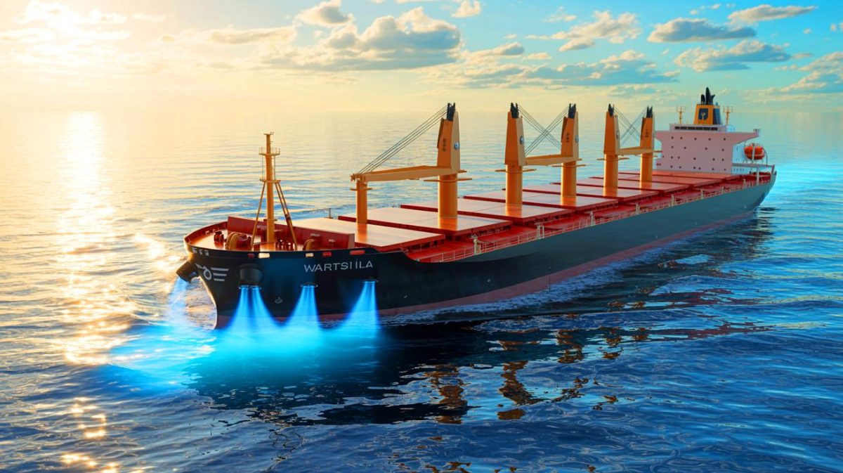 Illustration de la technologie de capture de carbone de Wärtsilä réduisant les émissions de CO₂ des navires (création par IA, non réaliste). Crédit : Ideogram