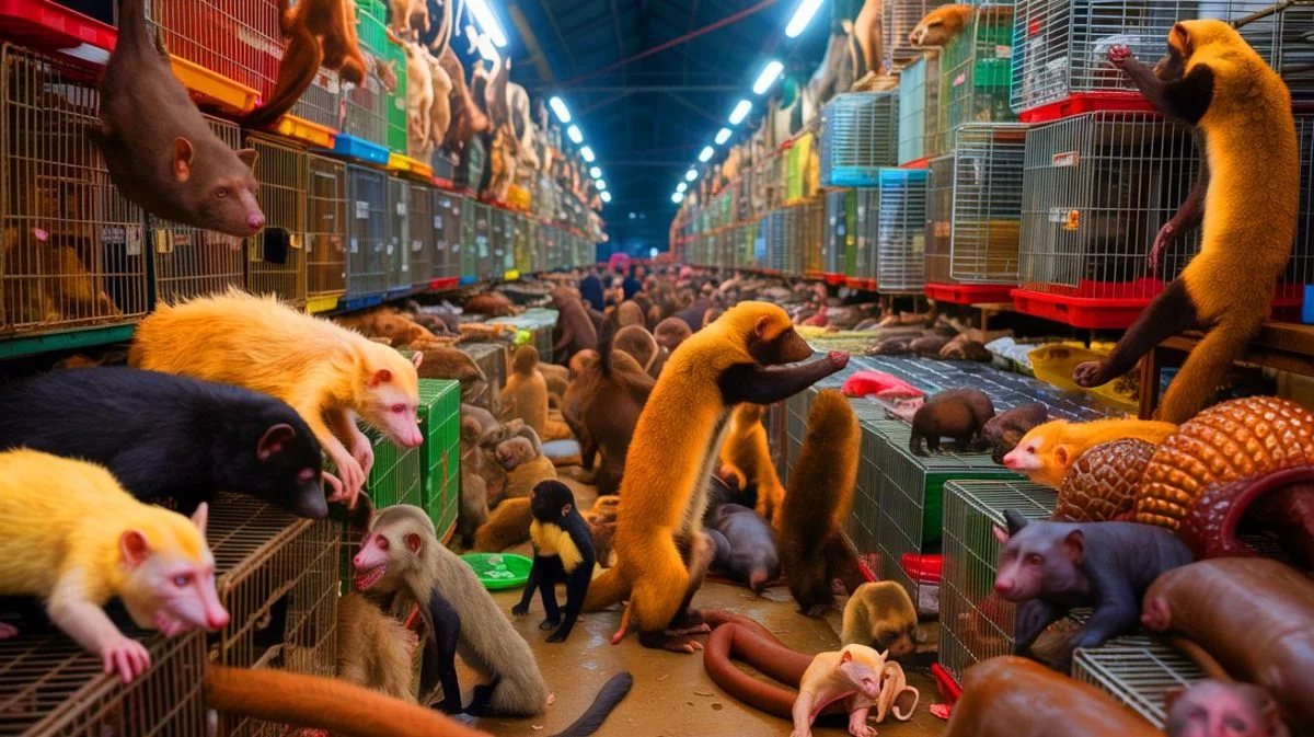 Illustration de marchés animaliers et de la promiscuité entre espèces favorisant la transmission de maladies. Image réalisée par IA.