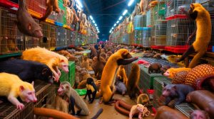 Illustration de marchés animaliers et de la promiscuité entre espèces favorisant la transmission de maladies. Image réalisée par IA.