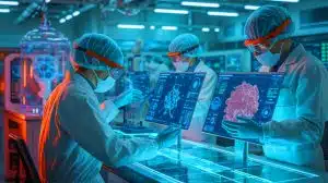 Illustration de l'impact potentiel de l'intelligence artificielle sur le domaine biologique et les risques associés. Image réalisée par IA.
