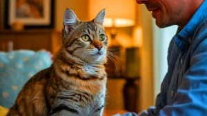 Illustration de la communication entre chats et humains influencée par des facteurs génétiques. Image réalisée par IA.